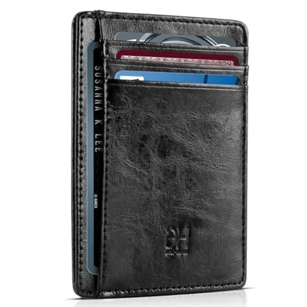 Slim Minimalist‎ Front Pocket Wallet Black Vegan Leather Card Holder RFID Block